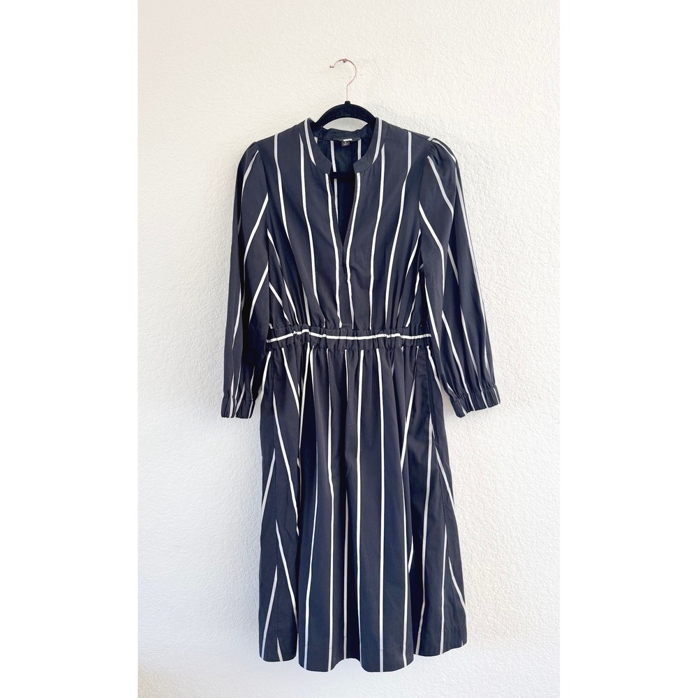 J Crew Midi Dress Cotton Striped Black White Split Neck Long Sleeve Size S